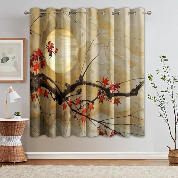 95% Blackout Chinese Curtains for Bedroom, Japanese Asian Maple Moon Printed Thermal Darkening Grommet Window Drapes for Living Room, Chinese Home Decor 53"W x 96"L (Pack of 2)