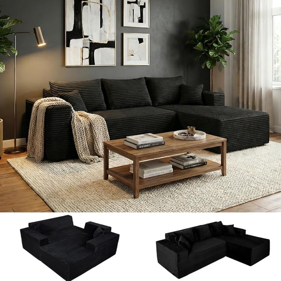 95" Boneless Couch, Cloud Couch Sectional, L-Shape Corduroy Modular Sectional Sofa Deep Seat, Upholstered Couches for Living Room, No Assembly Required, Black, Right Facing Chaise