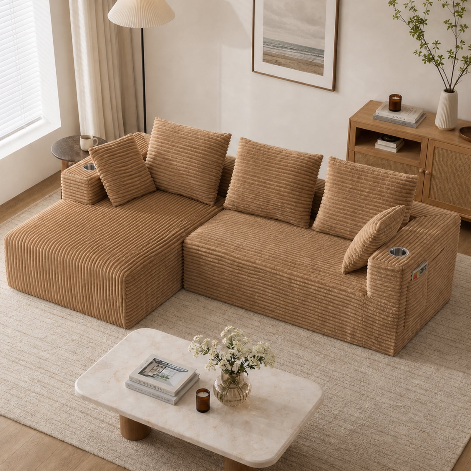 95'' Boneless L Shape Modular Sofa Couch with 4 Pillows and 2 Cup Holders