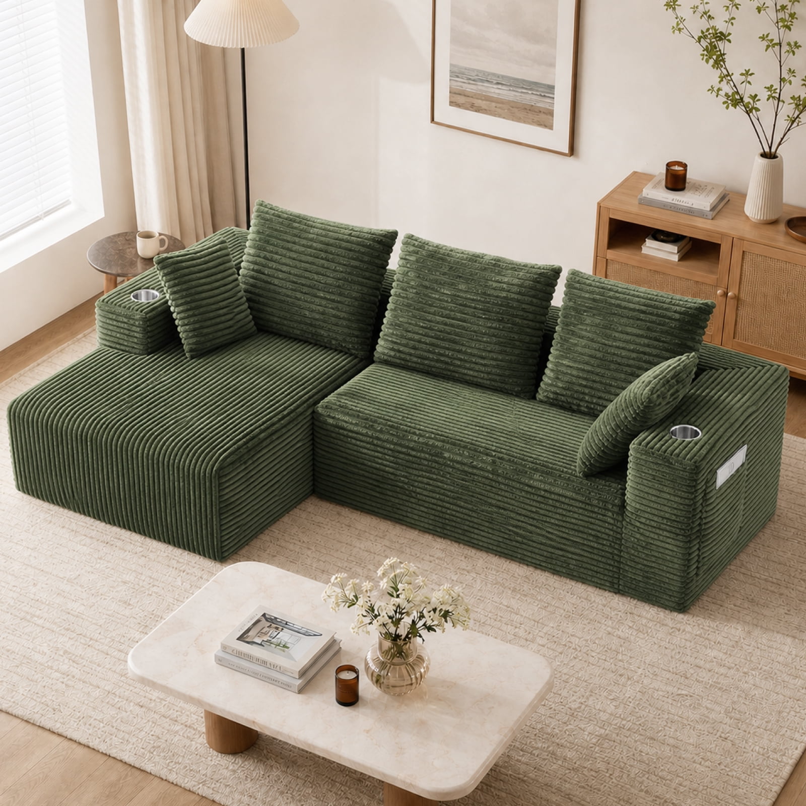 95'' Boneless L Shape Modular Sofa Couch with 4 Pillows and 2 Cup Holders