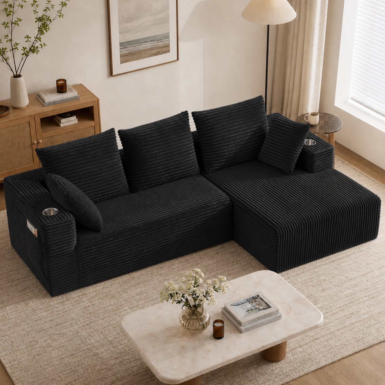95'' Boneless L Shape Modular Sofa Couch with 4 Pillows and 2 Cup Holders