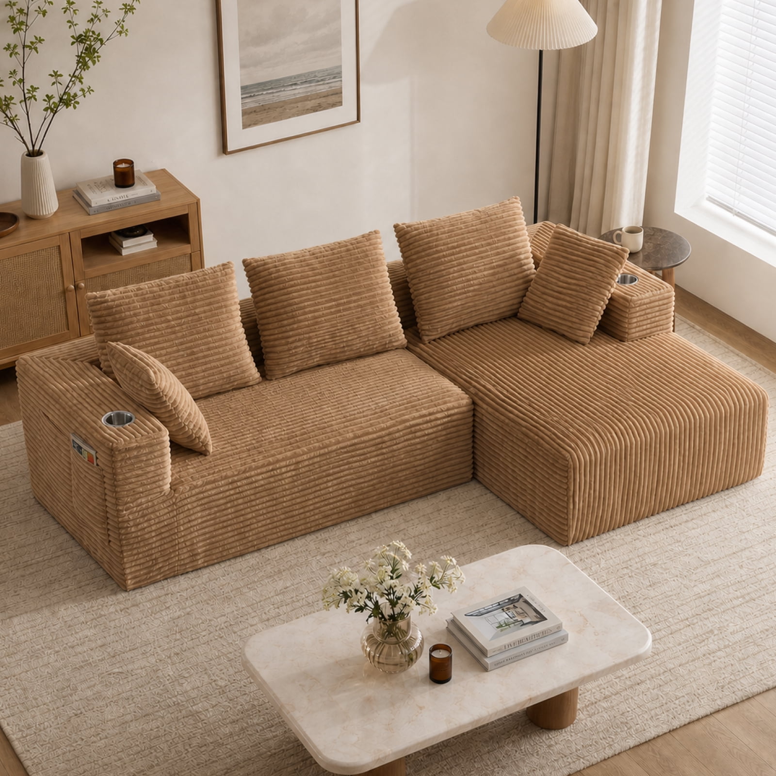 95'' Boneless L Shape Modular Sofa Couch with 4 Pillows and 2 Cup Holders