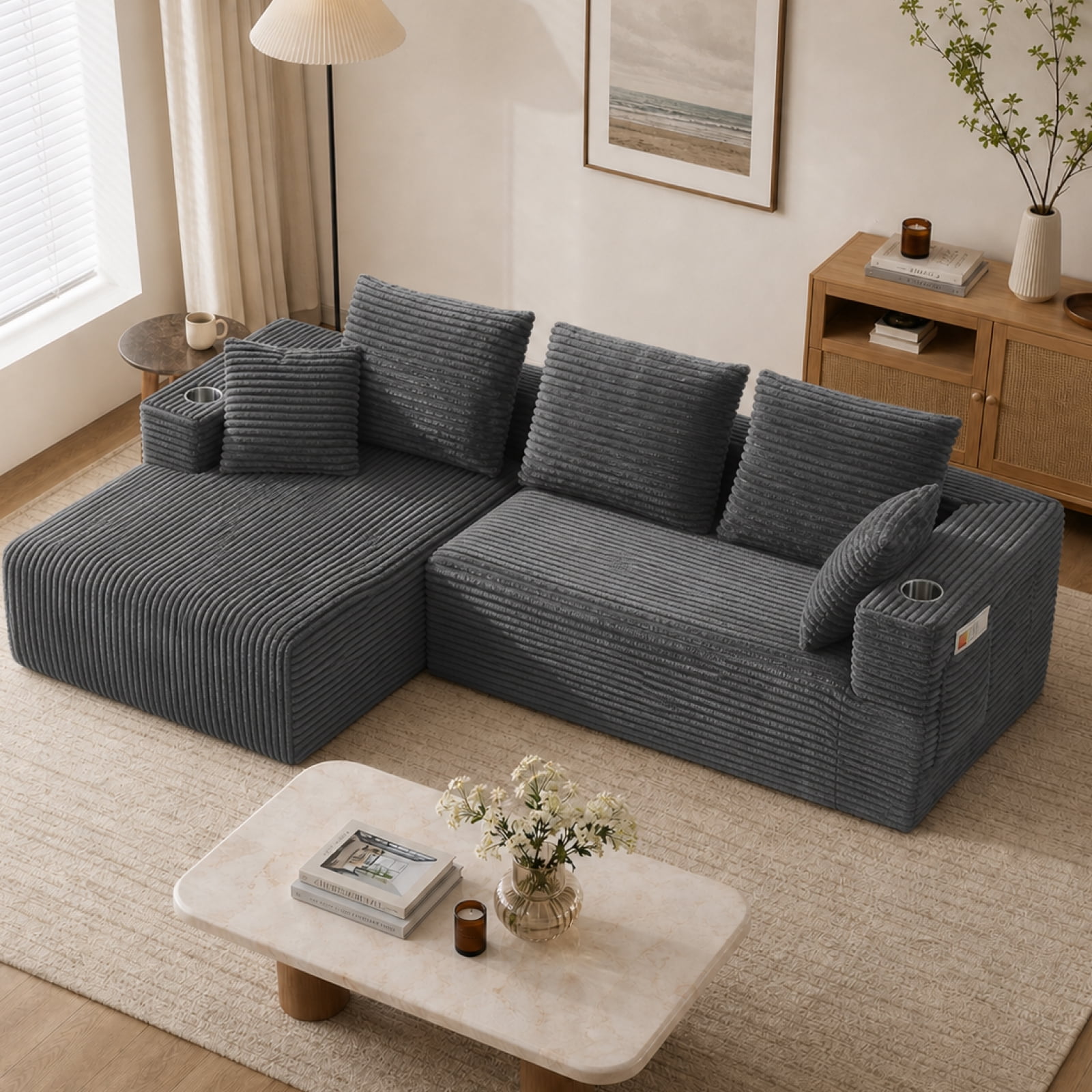 95'' Boneless L Shape Modular Sofa Couch with 4 Pillows and 2 Cup Holders