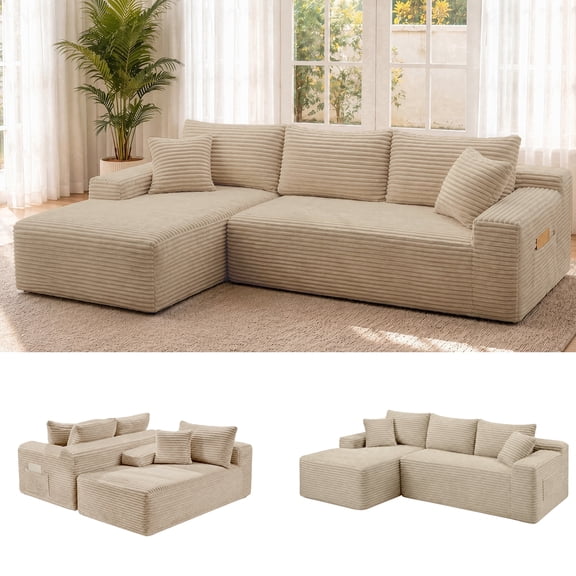95" Boneless L-Shaped Sectional Sofa with Left Facing Chaise, Deep Seat Corduroy Couch for Living Room, Compressed Sofa in a Box, No Assembly Required, Camel