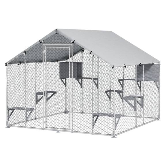 95" Catio Outdoor Enclosure, Large Metal Cat Run with Waterproof Cover, 2 Boxes & 7 Platforms