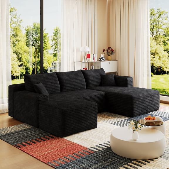 95" Cloud Sectional Sofa with 1 Ottoman,Modern Minimalist Upholstered Couches, Comfort U Shaped Sofa for Living Room,Deep Seat Corner Couch,No Assembly Required,Black (Plush Corduroy Fabric)