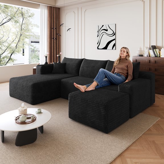 95" Cloud Sectional Sofa with 1 Ottoman,Modern Minimalist Upholstered Couches, Comfort U Shaped Sofa for Living Room,Deep Seat Corner Couch,No Assembly Required,Black (Plush Corduroy Fabric)