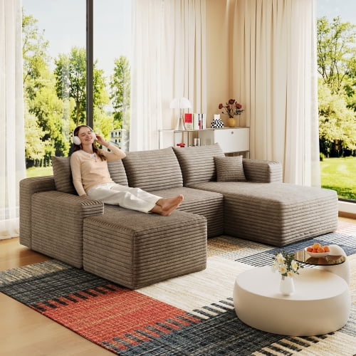 95 Inch Cloud Sectional Sofa with Ottoman, Modern U Shaped Couch for Living Room, Plush Corduroy Deep Seat Corner Sofa, No Assembly Required, Camel