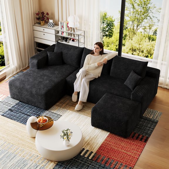 95" Cloud Sectional Sofa with 1 Ottoman,Modern Minimalist Upholstered Couches, Comfort U Shaped Sofa for Living Room,Deep Seat Corner Couch,No Assembly Required,Black (Plush Corduroy Fabric)
