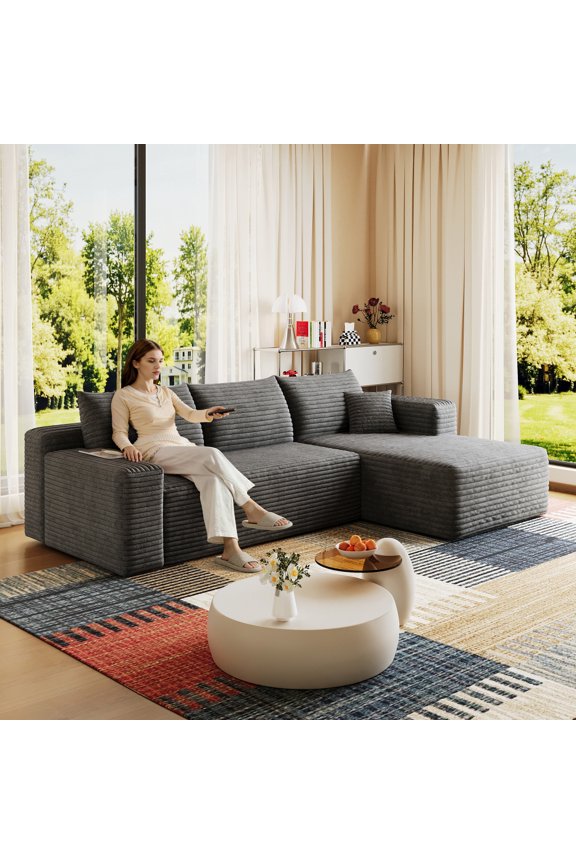 95" Cloud Sectional Sofa,Modern Minimalist Upholstered Couches, Comfort U Shaped Sofa for Living Room,Deep Seat Corner Couch,No Assembly Required,Black (Plush Corduroy Fabric)