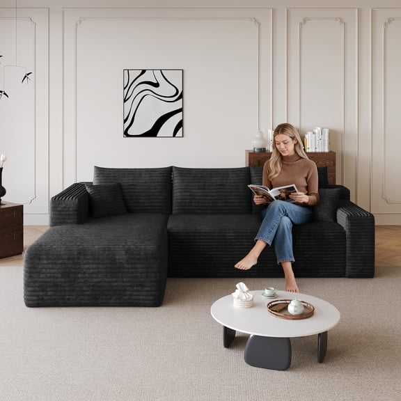 95" Cloud Sectional Sofa,Modern Minimalist Upholstered Couches, Comfort U Shaped Sofa for Living Room,Deep Seat Corner Couch,No Assembly Required,Black (Plush Corduroy Fabric)