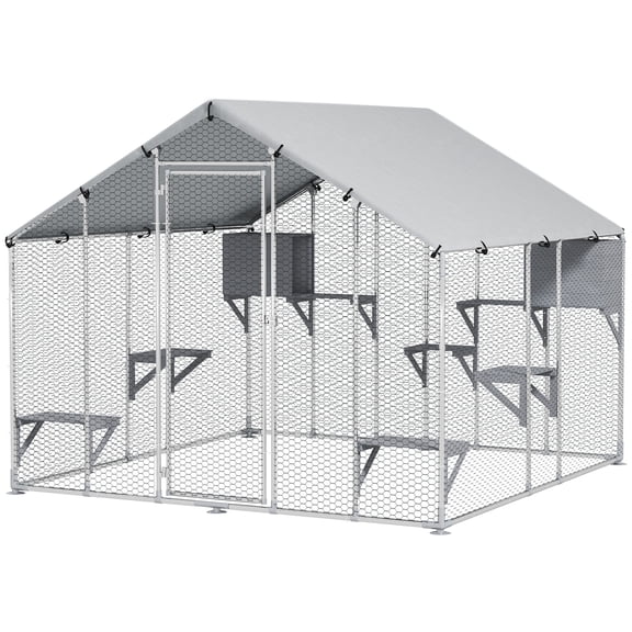 95" Extra Large Metal Outdoor Catio with Waterproof Cover, 2 Resting Boxes, 7 Jumping Platforms, for Multiple Cats