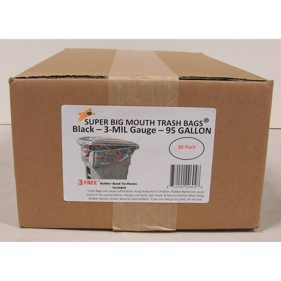 95 Gallon Super Big Mouth Trash Bags 30-Pack Plus 3 Free Rubber Tie Down Bands