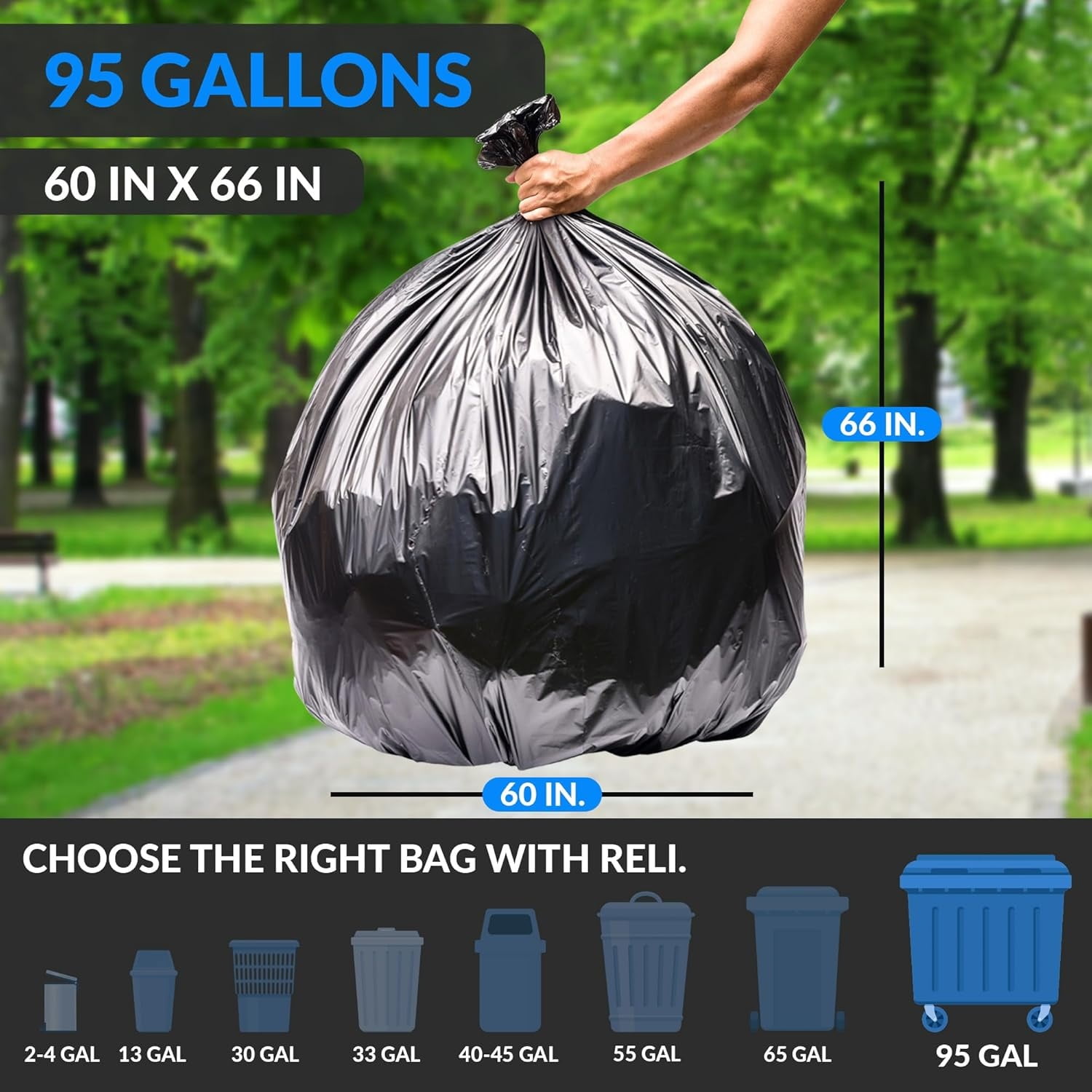95 Gallon Trash Bags Heavy Duty | 68 Trash Bags | Super Sizeable, Black, Garbage for Serious Cleanup