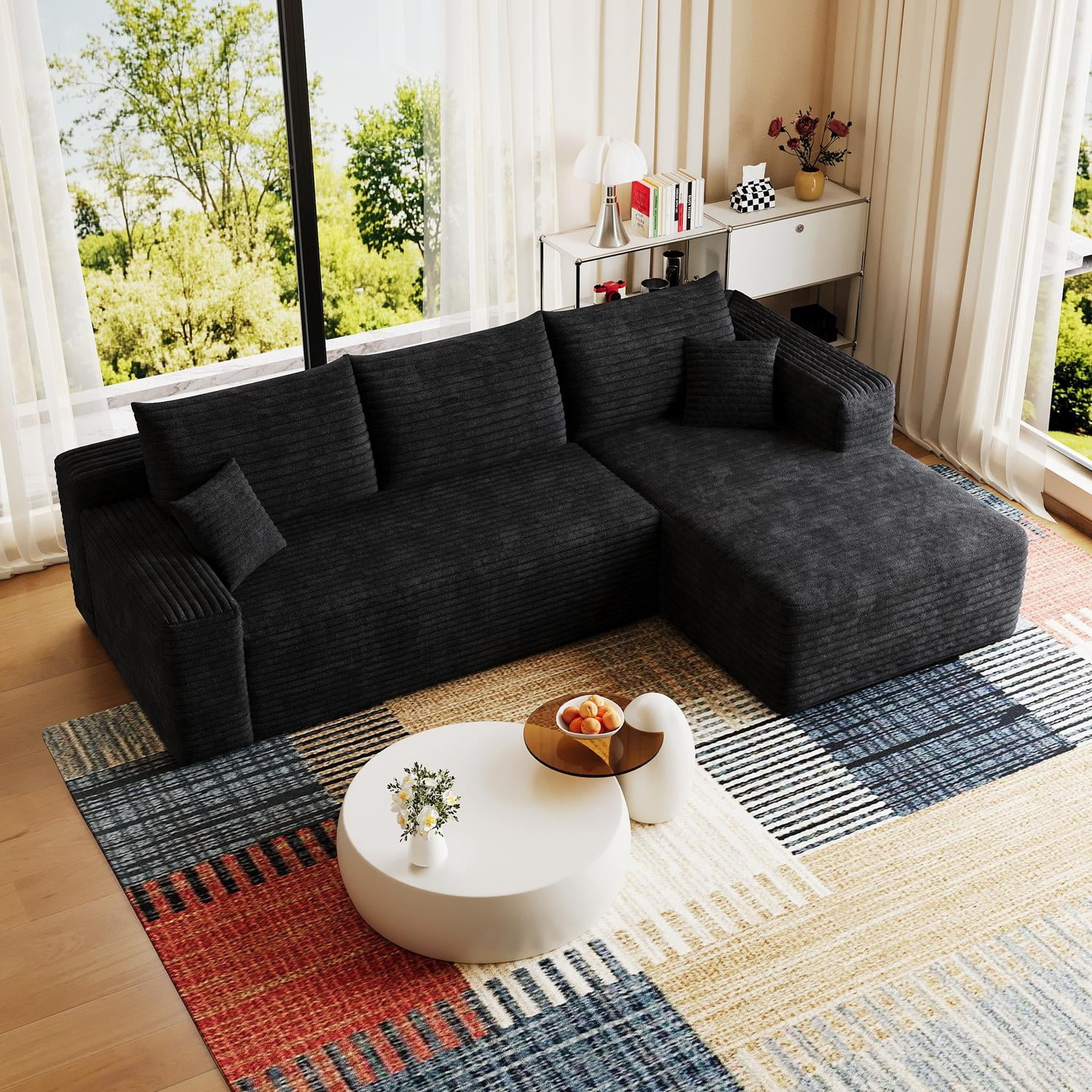 95-Inch Cloud Sectional Sofa with Plush Corduroy Fabric, U-Shaped Modular Couch and Corner Sofa for Living Room with Deep Seat, No Assembly Required, Black