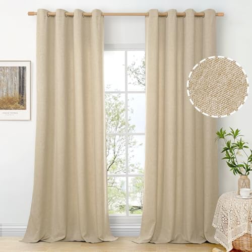 95 Inch Length Beige Linen Curtains for Living Room, Privacy No See Through Window Treatments Drapes Light Filtering with Grommet for Bedroom, 2 Panels, Each 52 Inch Wide