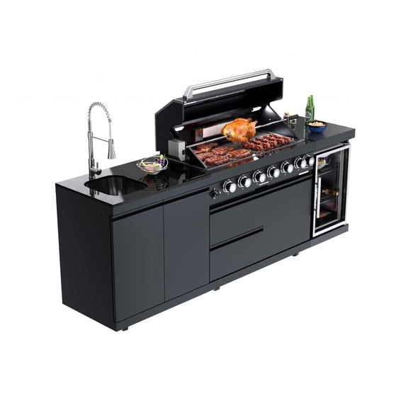 95-Inch Outdoor Kitchen Island Grill, 6-Burner 85,000 BTU Stainless Steel BBQ with Refrigerator, Sink, Rotisserie Kit & Granite Countertops