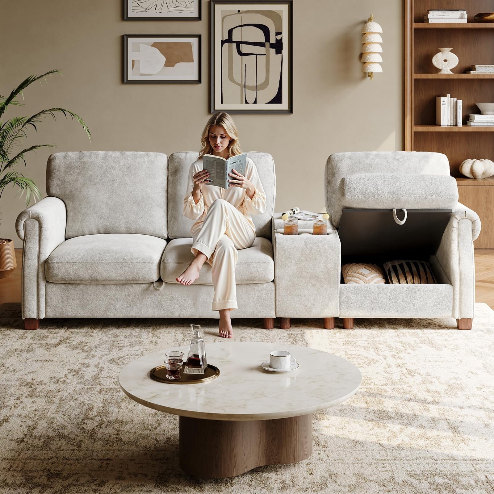95 Inch Sectional Sofa, Modern Couch with Cup Holders, 3 Seater ...