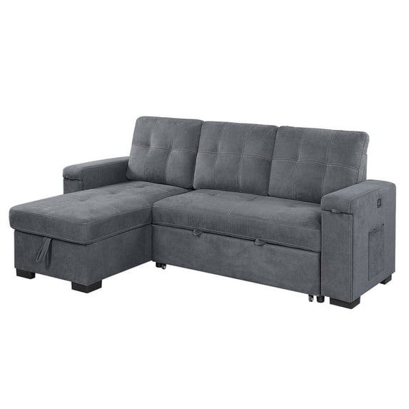 95 Inch Sleeper Sectional Sofa with Storage Chaise, USB Ports, Woven Gray- Saltoro Sherpi