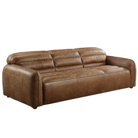 95 Inch Sofa, Top Grain Leather, Horizontal Channel Tufted Design, Brown