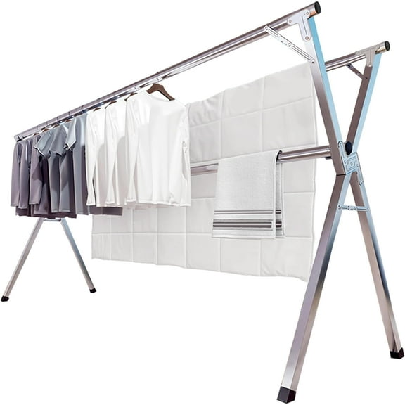 95 Inches Foldable Clothes Drying Rack, Heavy Duty Stainless Steel Laundry Garment Rack with Windproof Hooks, Portable Expandable Clothing Storage Stand for Indoor Outdoor Balcony Patio Use