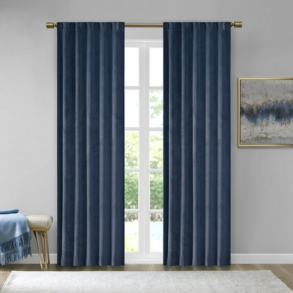 95"L*37"W Room Darkening Poly Velvet Rod Pocket Window Panel Pair, Back Tab Curtain Panel Pair, Navy