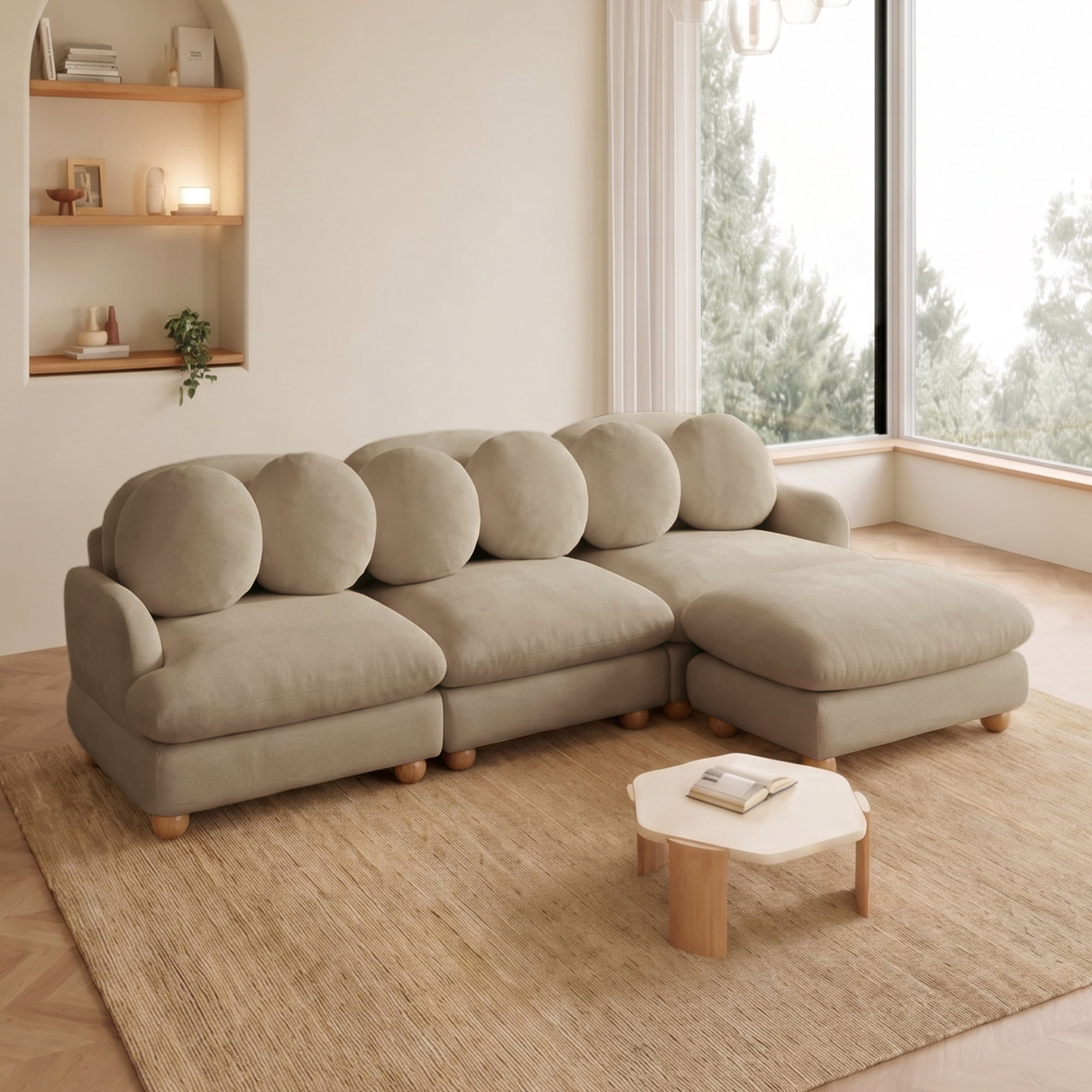 95" L-shaped 4 Seater Comfy Chenille Modular Sectional Sofa Couch with 6 Throw Pillows and Ottoman