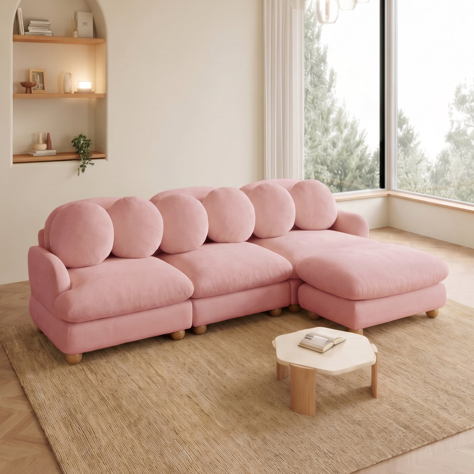 95" L-shaped 4 Seater Comfy Chenille Modular Sectional Sofa Couch with 6 Throw Pillows and Ottoman