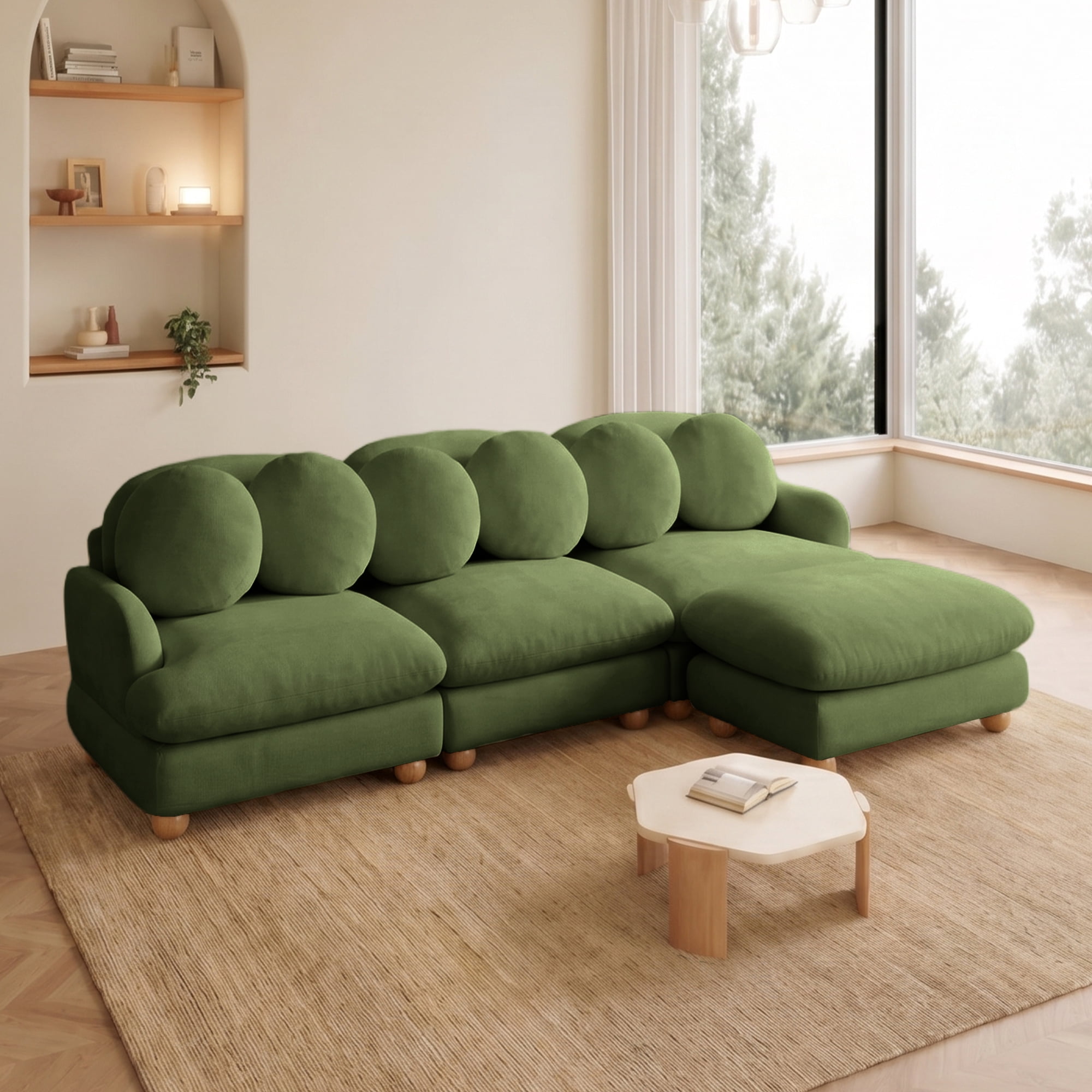 95" L-shaped 4 Seater Comfy Chenille Modular Sectional Sofa Couch with 6 Throw Pillows and Ottoman