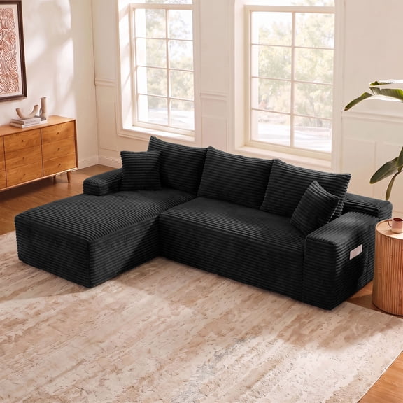 95" Modular Boneless Couch Corduroy L-Shaped Sectional Sofa with Left Chaise, Black
