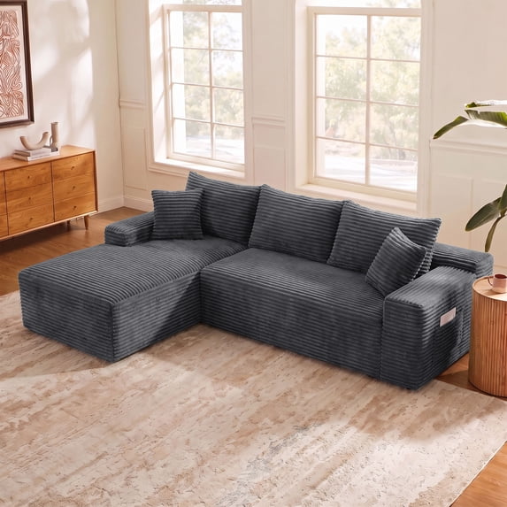 95" Modular Boneless Couch Corduroy L-Shaped Sectional Sofa with Left Chaise, Gray