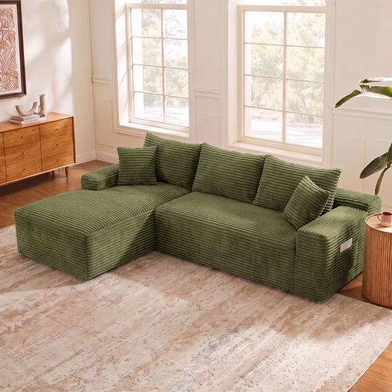 95" Modular Boneless Couch Corduroy L-Shaped Sectional Sofa with Left Chaise, Green