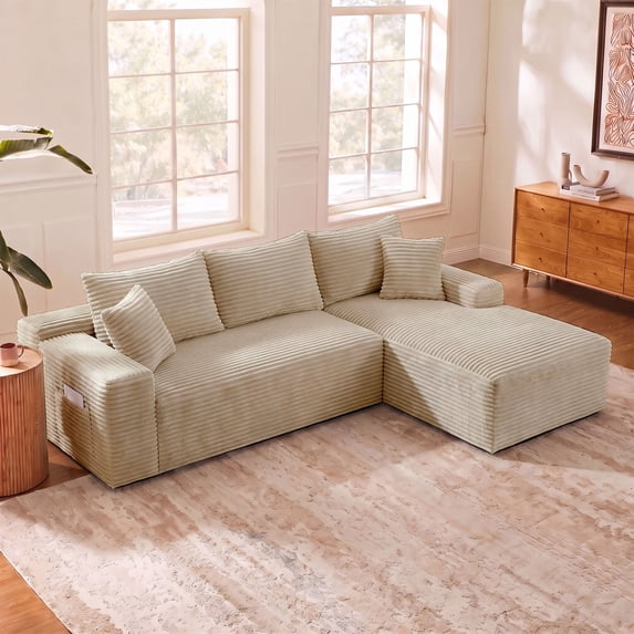 95" Modular Boneless Couch Corduroy L-Shaped Sectional Sofa with Right Chaise, Beige