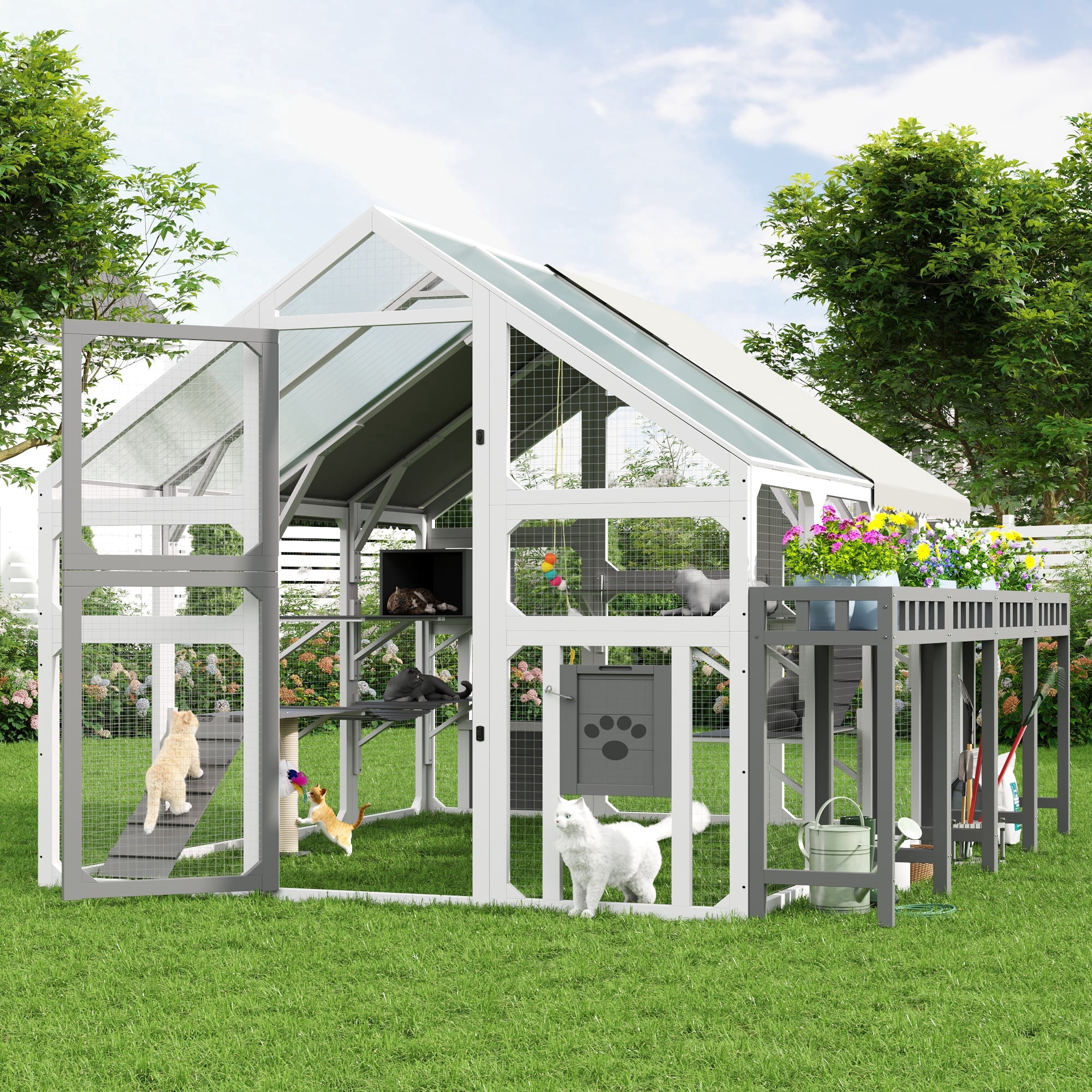 95" Outdoor Large Catio, Wooden Cat Enclosure for Multiple Cats, Walk-in Outdoor Cat House with Planter Stand & Waterproof Proof Cover, White