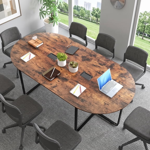 95" Oval Conference Table for 8-10 People, Industrial Executive Table with Dual Cable Holes,Rustic Brown