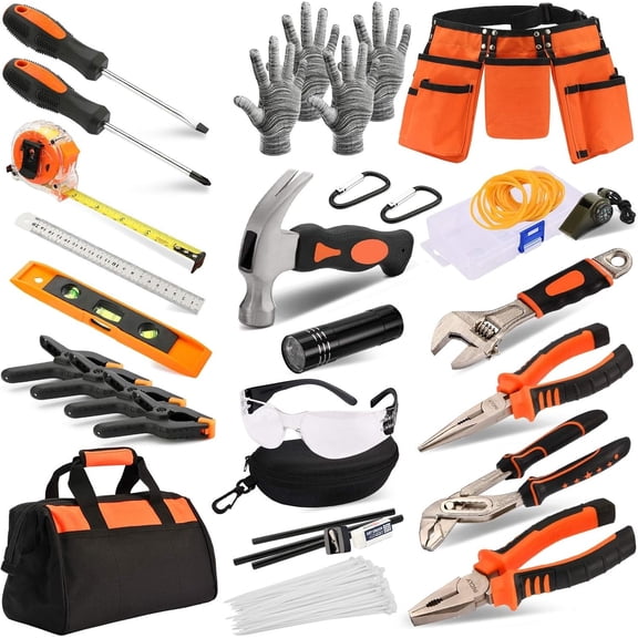 95 PCS Real Tool Set, Small Real Hand Tools Kit, Construction Learning Tools Hammer Screwdriver for Home DIY Building and Woodworking,Come with Tool Belt & Bag