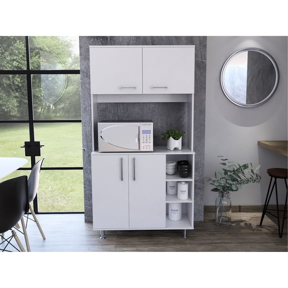 95 Pantry Cabinet With Four Legs, Double Doors, Three Shelves - White For Kitchen Space Saving Solution Door Cabinet, In Hue