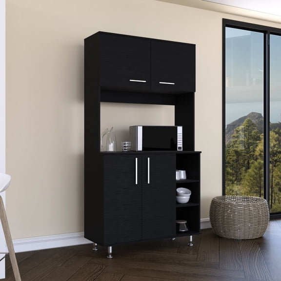 95 Pantry Kit: Four Legs, Double Door Cabinet - Black, 3 Shelves, Spacious For Pots, Pans, Appliances, Multi-purpose Storage Kit With Legs And Invigorating Countertop Various Purposes In Kitchen,