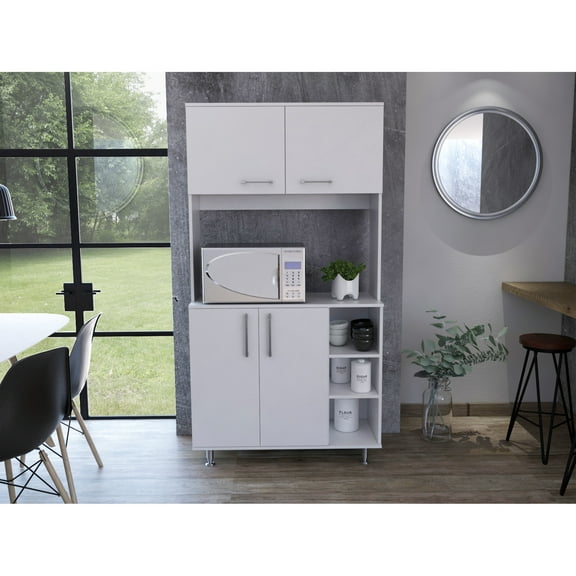 95 Pantry Kit With Four Legs, Double Door Cabinet, Three Shelves - White For Kitchen Use White, Legged Cabinet Shelves, Storage Choice Kitchen, Garage, Office, Bathroom