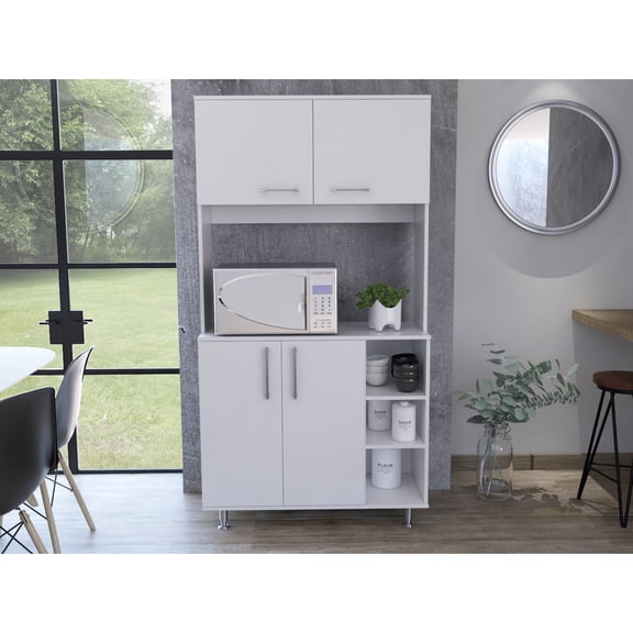 95 Pantry Kit - White, Four Legged Double Door Cabinet With 3 Shelves, Functional For Kitchen, Garage, Office, Bathroom Storage White Legs, Doors, Three Shelves Kitchen Optimization