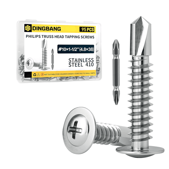 95 Pcs ( #10×1-1/2" /4.8×38) 410 Stainless Steel Self Tapping Screws For Metal, Philips Truss Head Self Tapping Sheet Metal Screws Assortment Kit With Screw Driver Bit