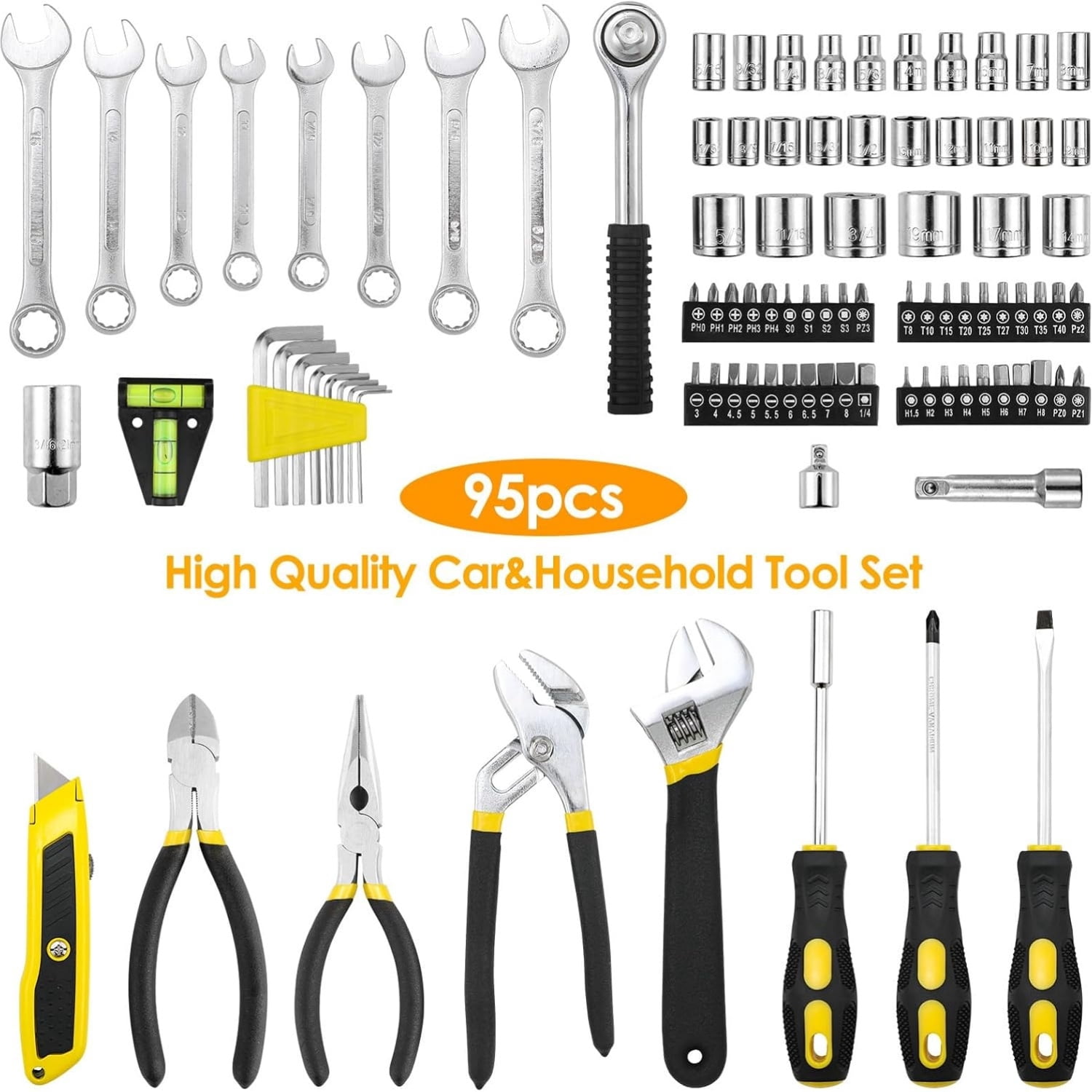 95 Piece Tool Set, Tool Kit, Mechanics Tool Set, Portable Toolbox with Adjustable Wrench Pliers Socket Bits, with Plastic Toolbox Storage Case, for House Apartment Garage (Yellow)