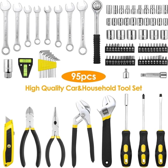 95 Piece Tool Set, Tool Kit, Mechanics Tool Set, Portable Toolbox with Adjustable Wrench Pliers Socket Bits, with Plastic Toolbox Storage Case, for House Apartment Garage (Yellow)