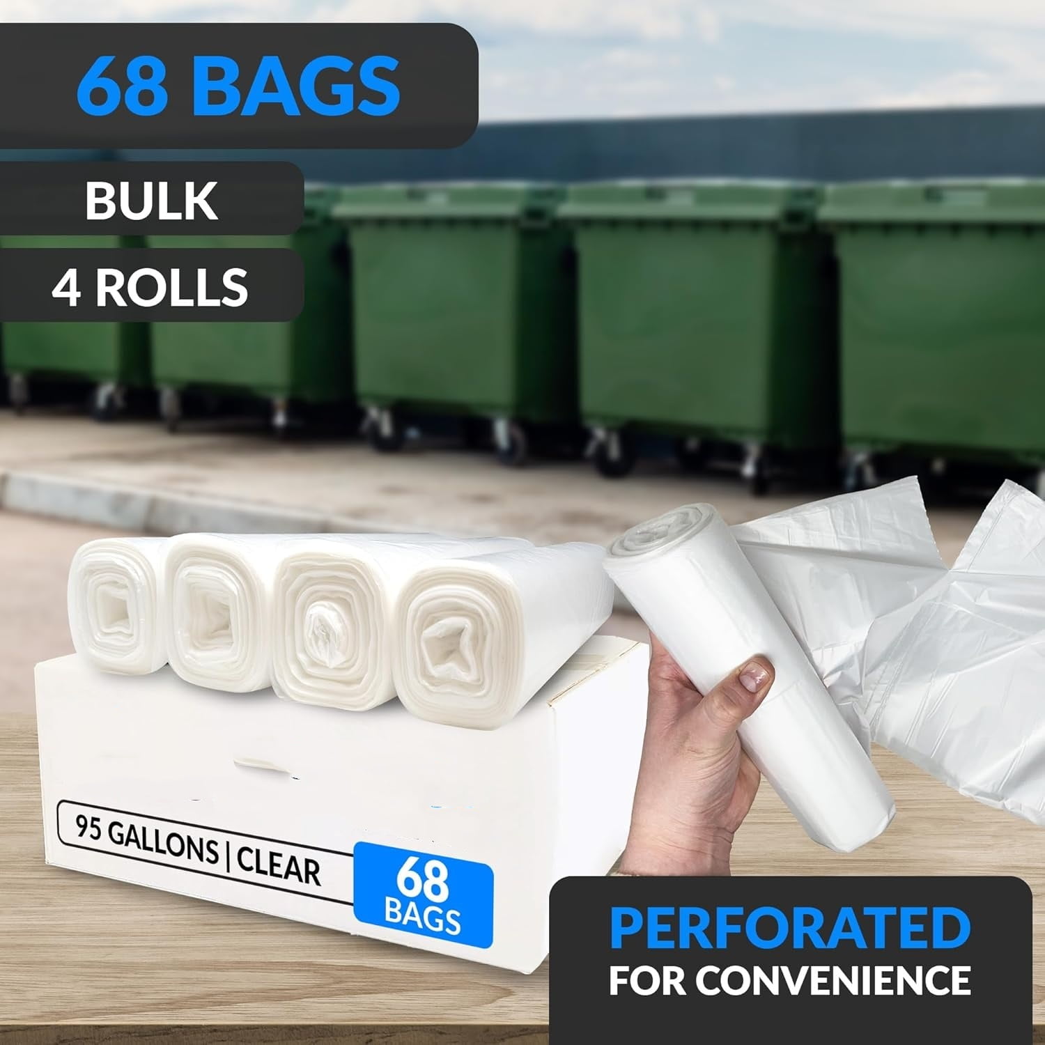 95 Trash Bags Heavy Duty | 68 Trash Bags | Super Sizeable for Serious Garbage Cleanup (Clear)
