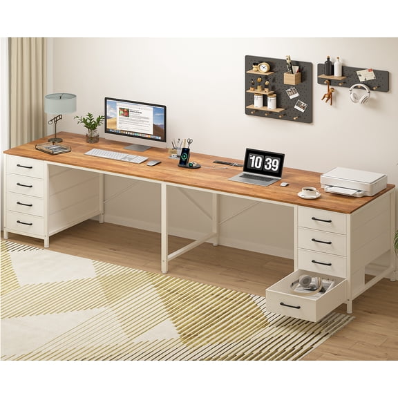 95'' Two Person Desk with 8 Drawers, Long Office Desk with Charging Station, 2 Person Desks Double Desk Writing Study Table for Home Office, Brown and White