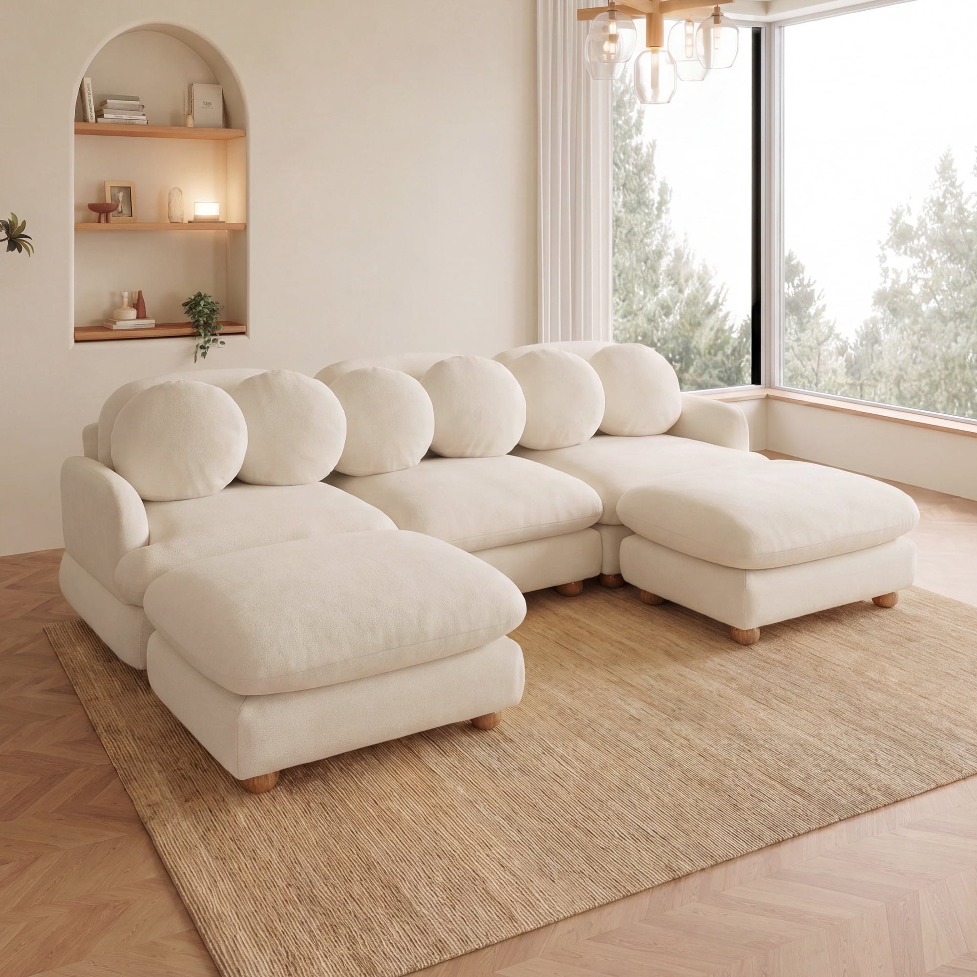 95" U-shaped 5 Seater Chenille Modular Sectional Sofa Couch with 6 Throw Pillows and 2 Ottoman