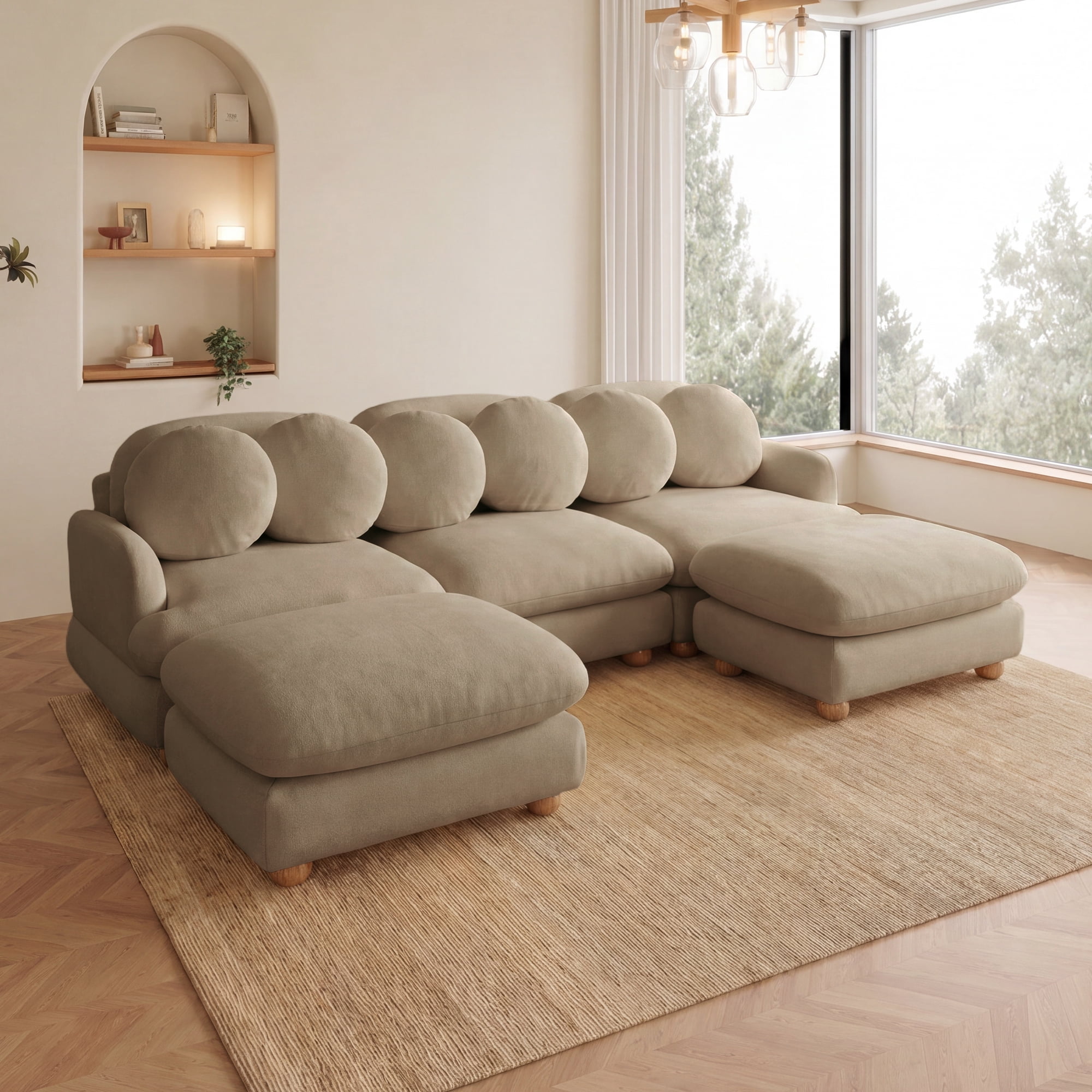 95" U-shaped 5 Seater Chenille Modular Sectional Sofa Couch with 6 Throw Pillows and 2 Ottoman
