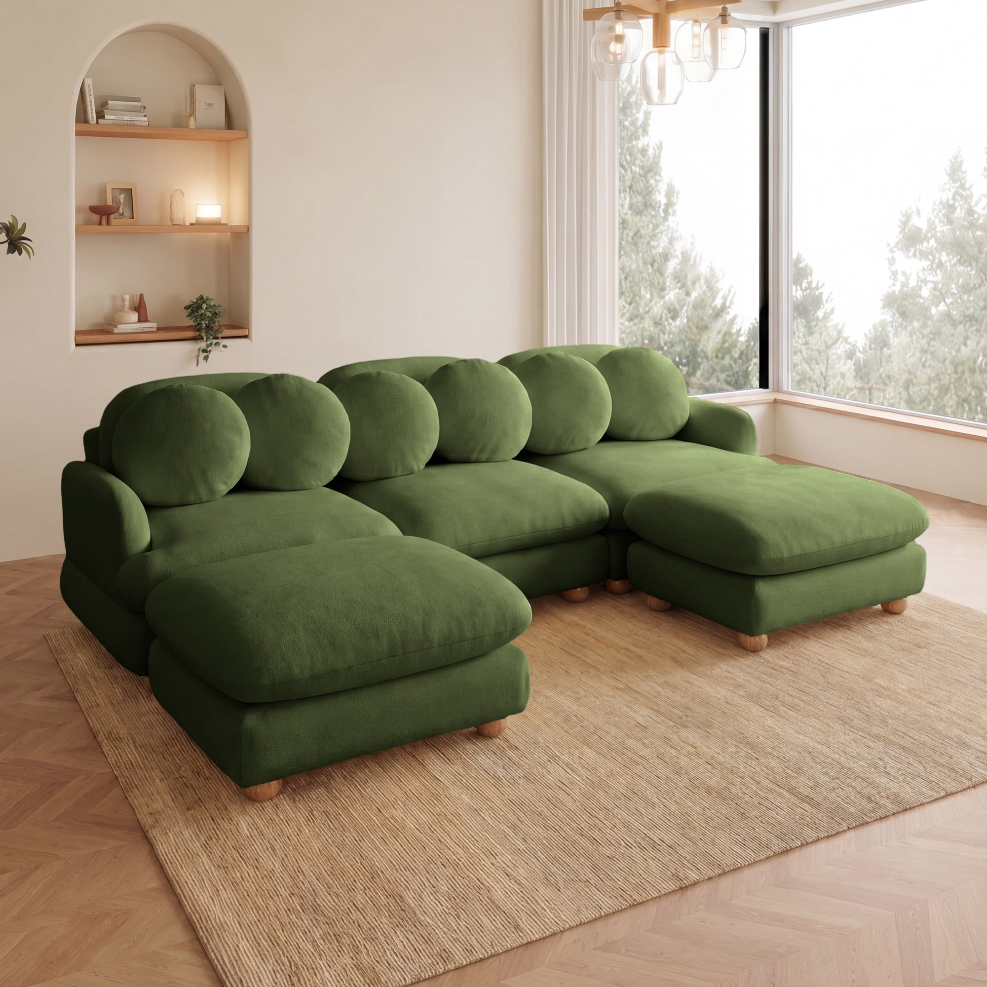 95" U-shaped 5 Seater Chenille Modular Sectional Sofa Couch with 6 Throw Pillows and 2 Ottoman