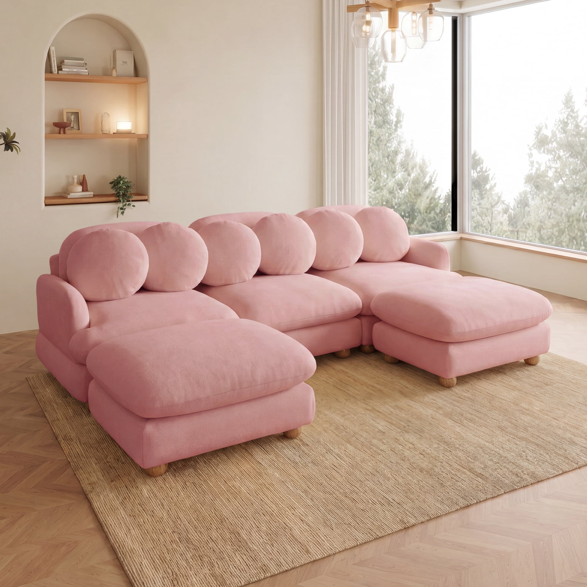 95" U-shaped 5 Seater Chenille Modular Sectional Sofa Couch with 6 Throw Pillows and 2 Ottoman