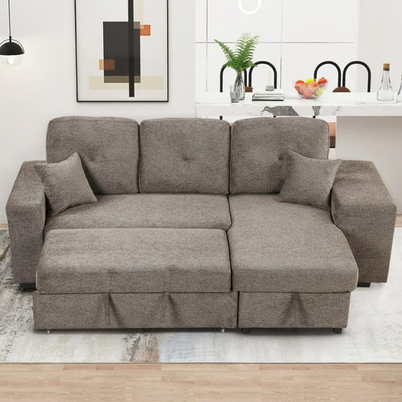95" W Reversible Sectional Sleeper Couch with Chaise Left/Right Hande, 2 in 1 Pull-Out Sofa Bed with Side Shelf and 2 Stools, L-Shape Velvet Corner Sofa & Couches with Chaise